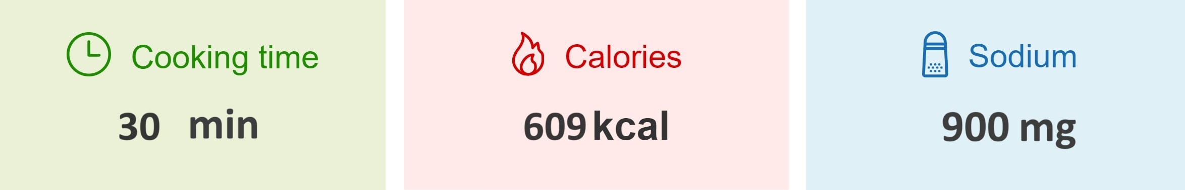 Cooking time 30 min, calories 609 kcal, sodium 900mg