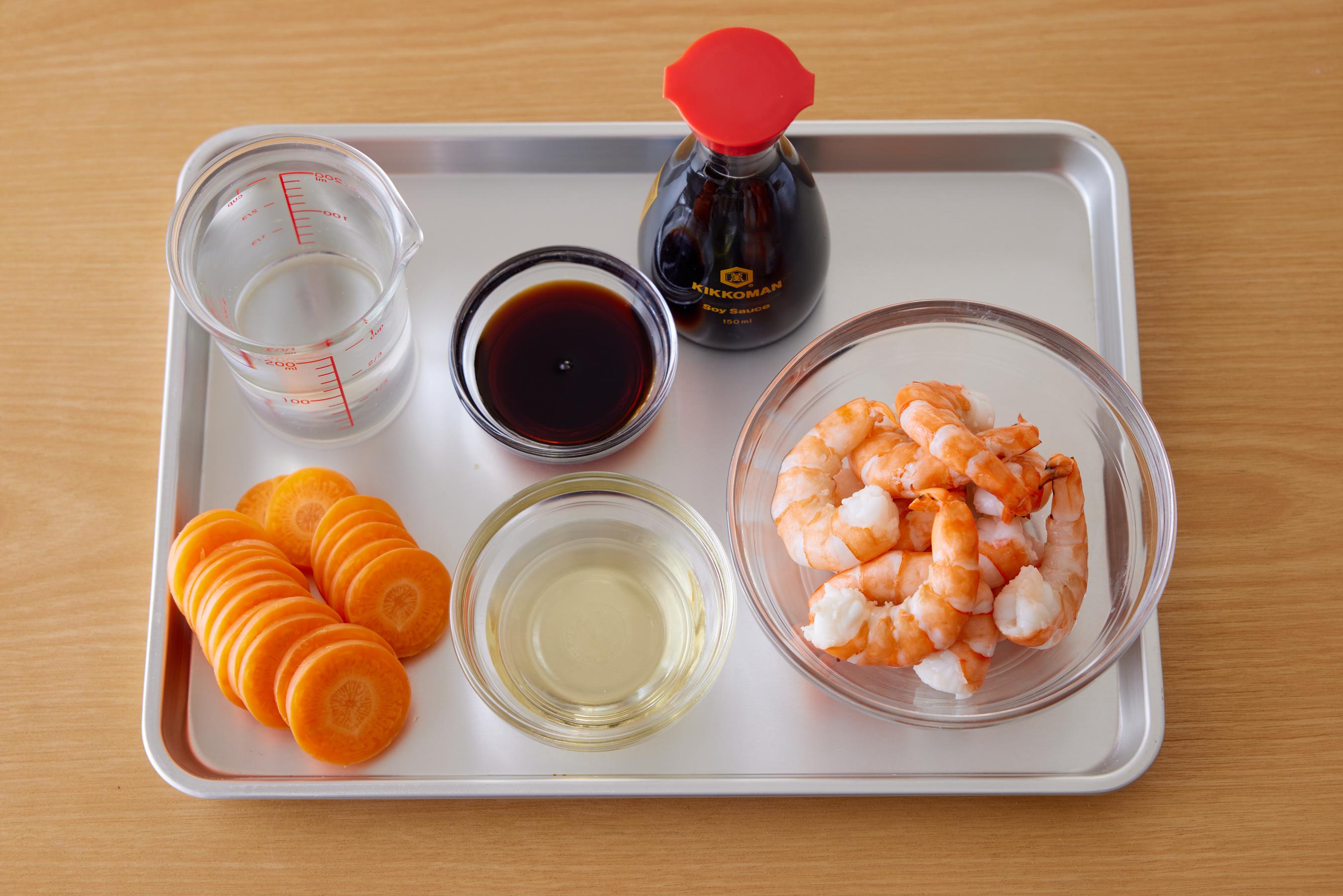 ingredients for sweet simmered carrots and boiled shrimp