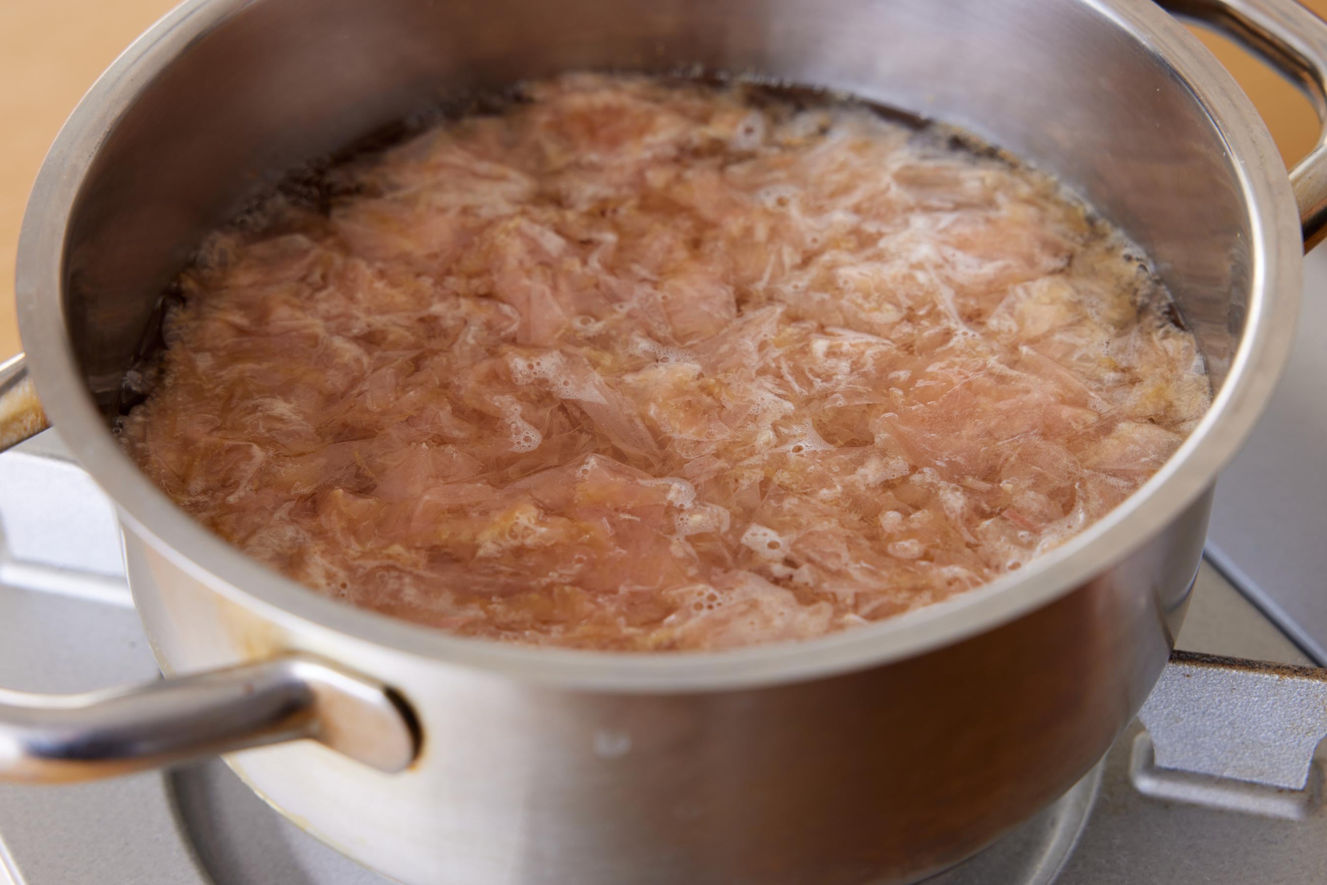 simmering katsuobushi bonito flakes in a pot