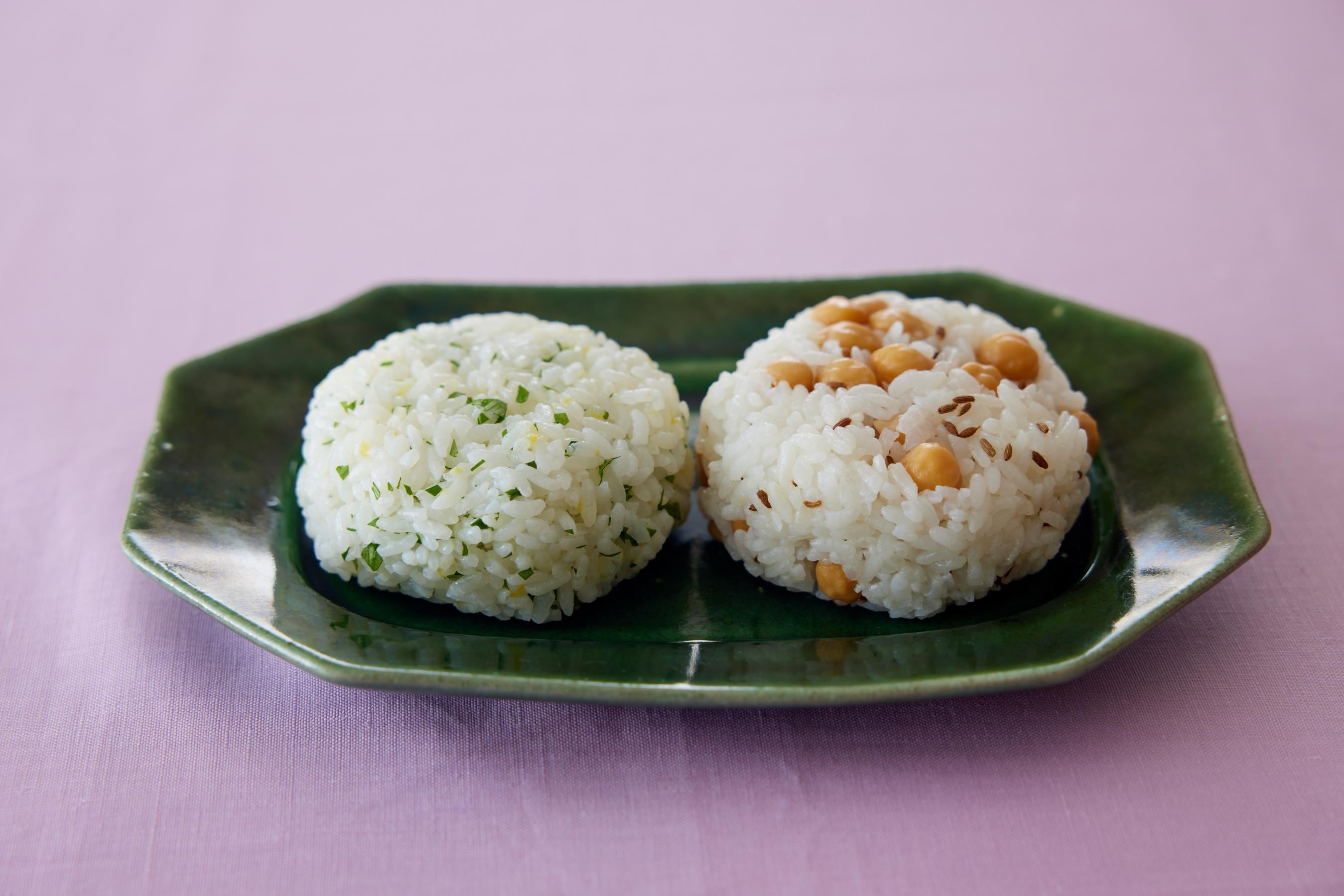 Chickpea and Parsley Maze-Gohan Onigiri a plate
