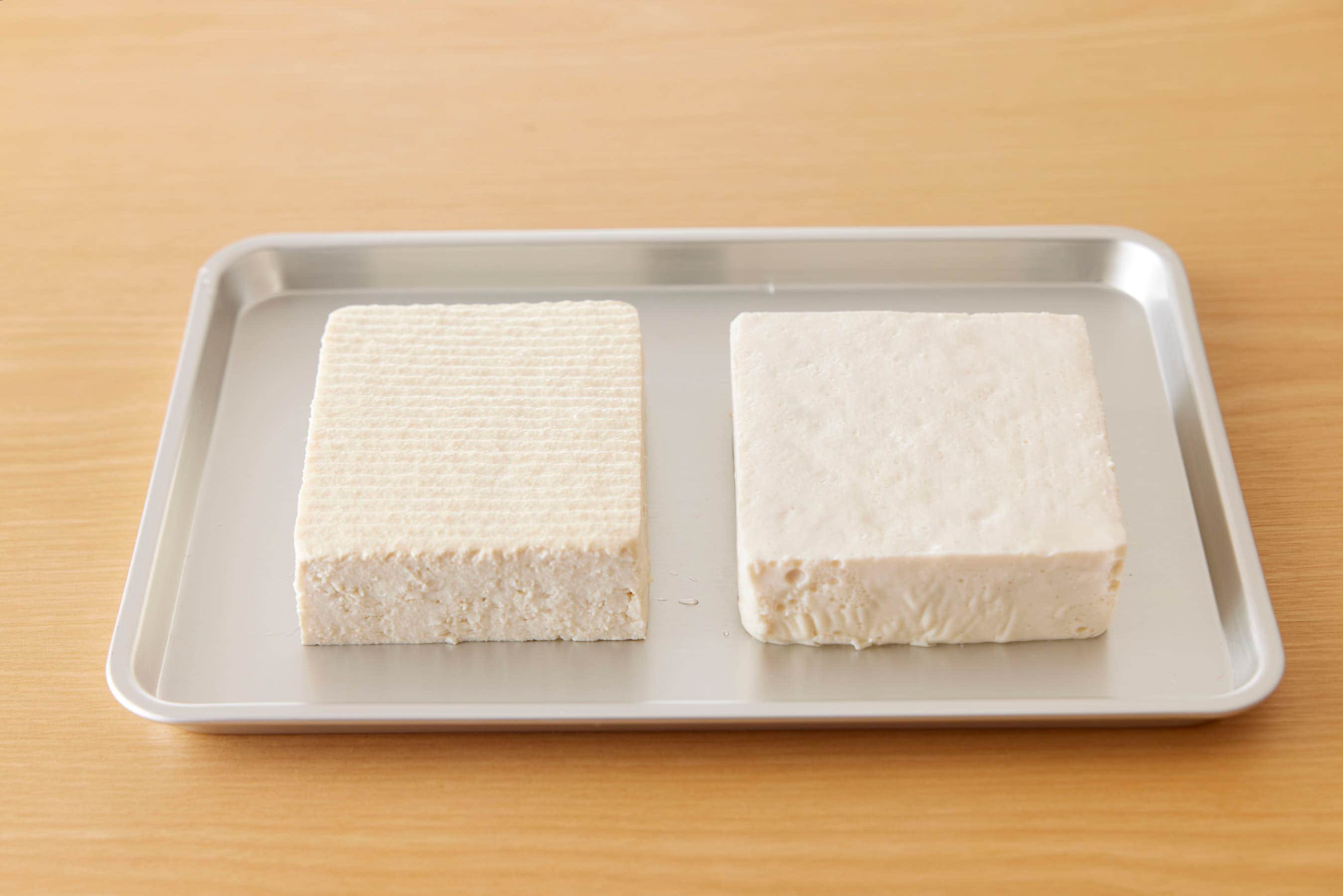 Momen tofu and Kinugoshi tofu on a trey