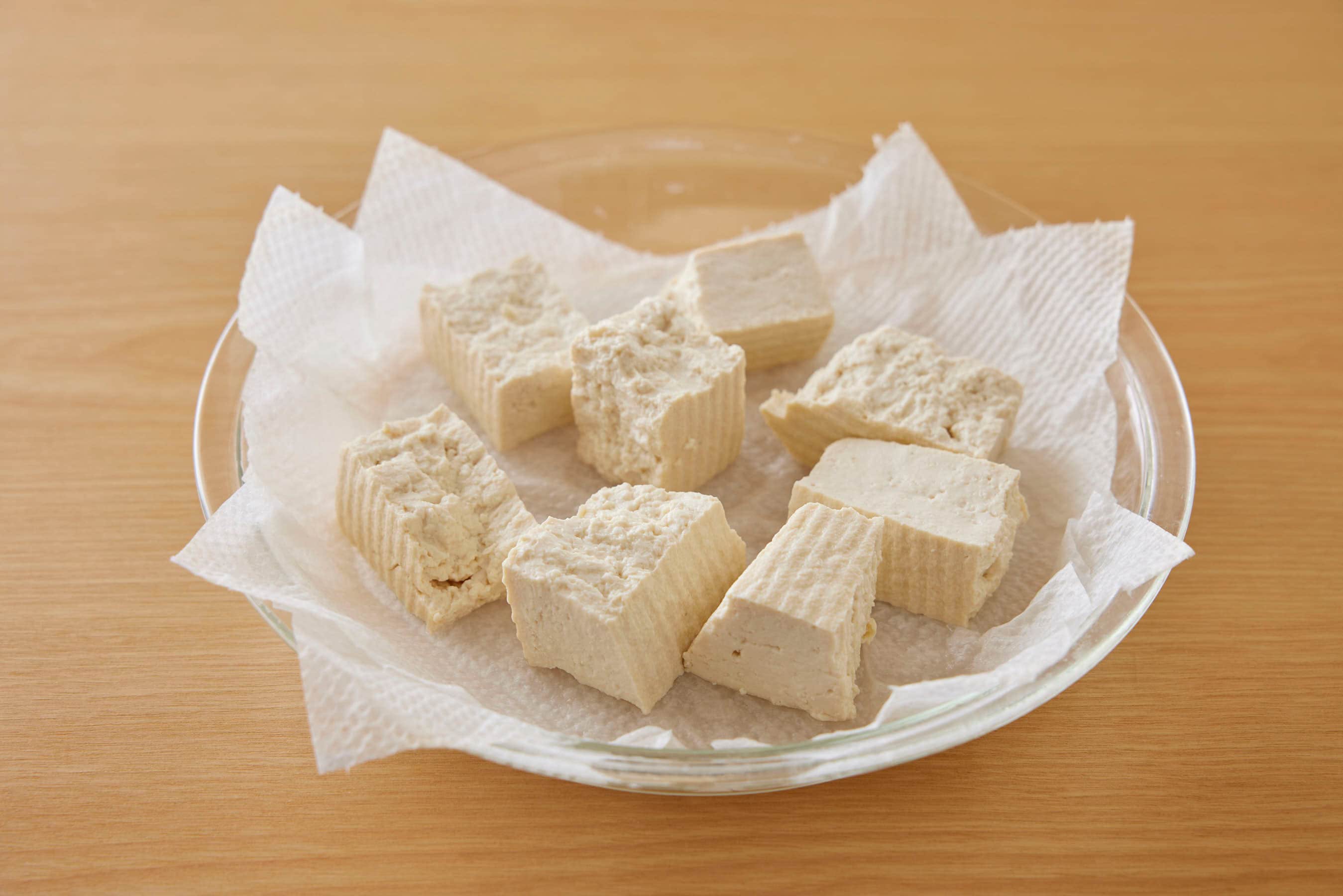 Chunks of tofu on a heat-safe container